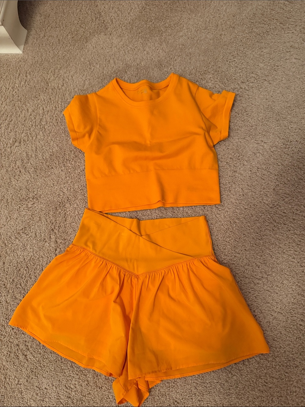 Women's Athletic Shorts Set in Bright Orange - Crop Top & High-Waist Shorts